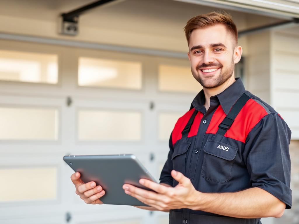 Professional garage door technician servicing a residential garage door in Thompsons TX
